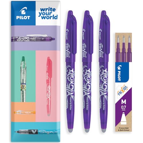 PILOT Frixion Heat/Friction Erasable Rollerball Pen FR7 - Medium Line 0.7mm Tip Nib - In Envelope Gift Packaging - Pack of 3 Pens + 3 Refills (Violet)