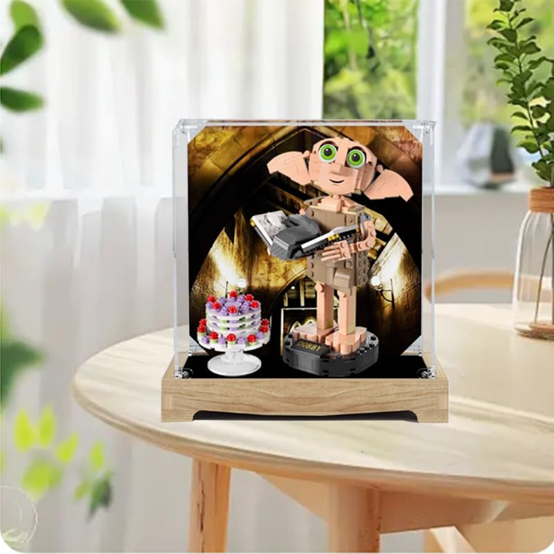 Vitrina acrílica transparente para Lego HP 76421 aplicable para Dobby el elfo casero, caja de regalo (solo vitrina) (fondo de madera + fondo)