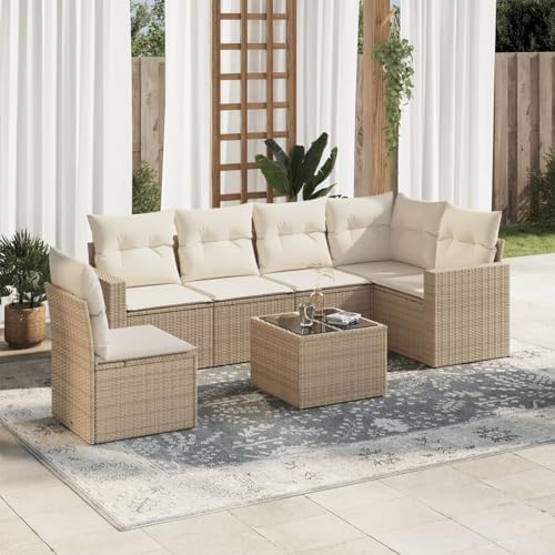 Homgoday Set sofás de jardín 7 Piezas y Cojines ratán sintético Beige Sofá de jardín Muebles Chill out Sofas Sofa Exterior terraza Beige y Crema con Mesa