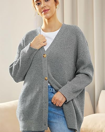 Image of ebossy Women's Open Front Knit Cardigan Casual Long Sleeve Oversized Button Lightweight Sweater Outwear (M, Grey)