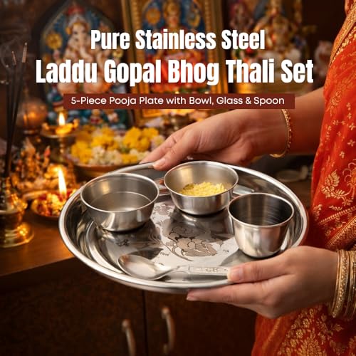 Image of Pure Stainless Steel Laddu Gopal Bhog Thali Set | 5-Piece Traditional Pooja Bhog Plate with Bowl, Glass & Spoon | Ideal for Daily Rituals, Janmashtami & Festive