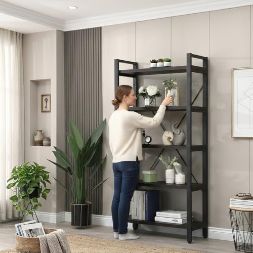 Image of 5-Tier Industrial Bookshelf with Solid Wood Shelves & Metal Frame | Open Display Storage Rack for Living Room, Bedroom, Office, Study | Book self | Dark Weinge | 80x30x160 cm