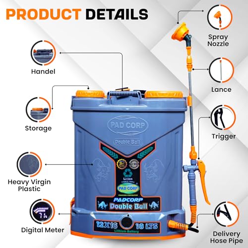 Image of PAD Corp New Lithium Double Bull 12V x16AH Big Power Double Motor Battery Sprayer for Agricuture & Garden, 2AH Fast Charger with Digital Percentage Meter (1 Year Warranty)