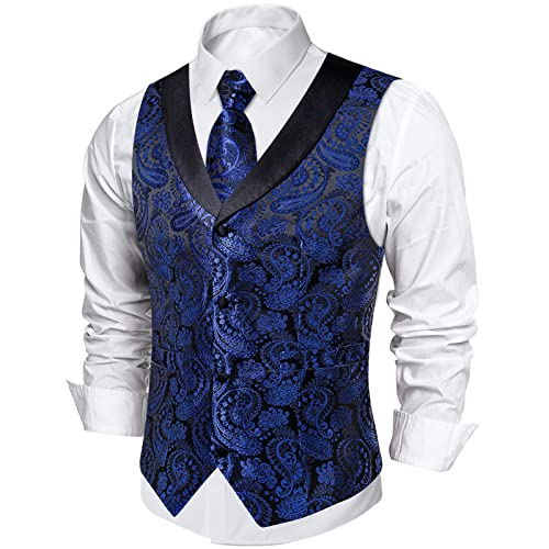 Image of DiBanGu Mens Paisley Suit Vest Silk Jacquard Waistcoat and Necktie Set Formal Shawl Collar Dress Vest 7PCS for Wedding Party