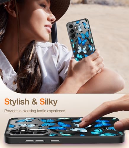 Goodon for Galaxy S24 Case, Wireless Charging Compatible, Shockproof Translucent Matte Cover - Cute Floral Design Phone Case for Women Girls - Blue Butterfly - image 5