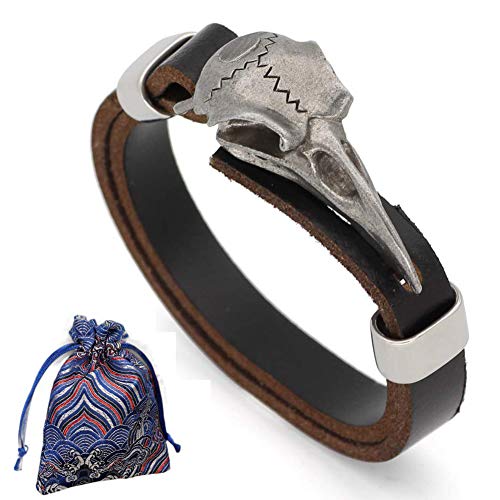 WLXW Bracelet Viking Nordic, Pirate Raven Crâne Bracelet en Cuir pour Hommes, Hommes Et Femmes Bijoux Mode, Très Bien Sac-Cadeau, Taille Réglable 21-23CM
