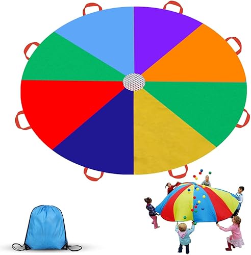 Gimilife Paracaídas de 9 pies para niños, jugar en paracaídas de 8 asas, juguete de paracaídas multicolor para interiores, juegos cooperativos de