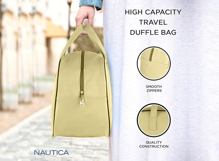 Image of Nautica Unisex 25L PU Duffle Bag for Travel | Stylish Leatherette Cabin Luggage with Smooth Zippers | Compact, Comfortable & Spacious for Weekend Trips, Gym & Everyday Use | Beige