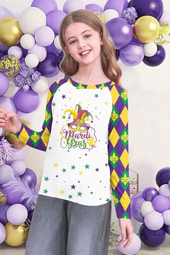 Image of Mardi Gras Shirt for Kids: Toddler Boys Girls Mardi Gras Long Sleeve Happy Carnival Outfits Mask Graphic Tee 4-12 Years