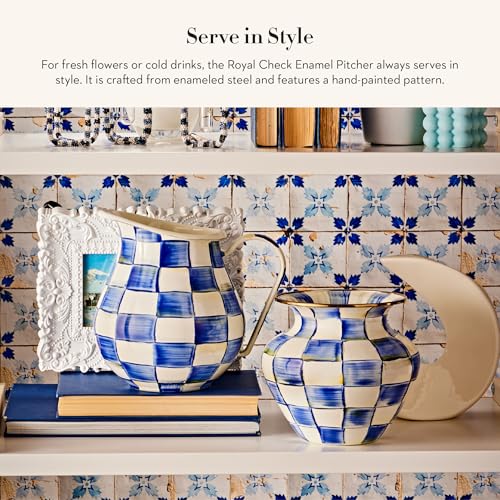 Image of MACKENZIE-CHILDS Pitcher with Spout, Blue-and-White Royal Check