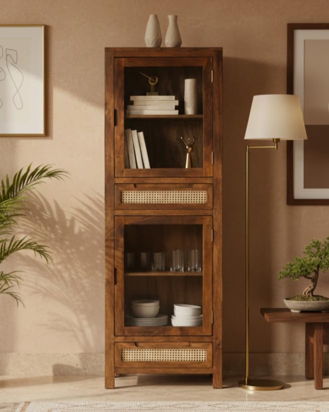 Kraft Bazaar Solid Wood Crockery Storage Unit | Kitchen Storage| Storage Unit for Living Room | StorageCabinet for Kitchen (Mango Wood with Natural Cane and Glass)-image-26