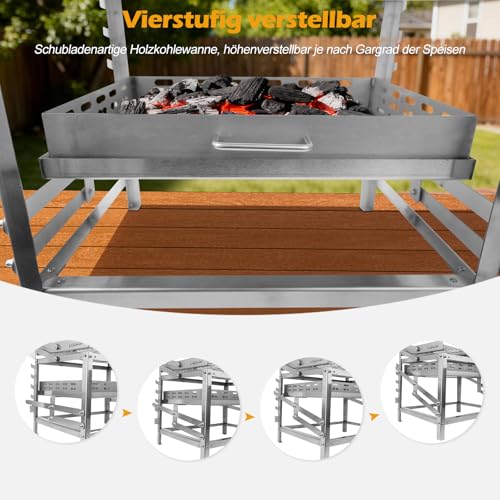 Ergocar Holzkohlegrill Multifunktionaler Tragbarer Drehbar Grill Für Den Außenbereich Mit Einstellbarer Höhe 4-Stufige Holzkohlewanne Ideal Für Das Räuchern Im Freien, Picknicks, Camping Und Barbecues