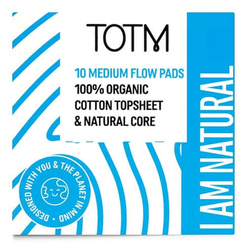 TOTM Natural Pads with Organic Cotton & Renewable Woodpulp | Medium - Pack of 10 | Breathable Period Care with Secure Wings & Compostable Wrappers | Eco-Conscious & Gentle Sanitary Towels