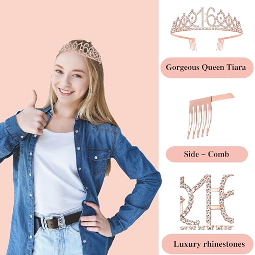 Image of Sweet 16 Birthday Decorations for Girls, banner,Backdrop, it's my 16th Birthday Sash, Sweet Rhinestone Tiara Crown,Balloons