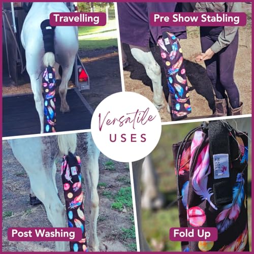 Image of MANE & STABLE Horse Tail Bag - 31.5 inch Waterproof Adjustable Tail Wrap, Black Feathers | Lined Protector for Braided or Loose Tails