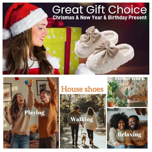 Women's Winter Plush Bow Slippers - Warm Fuzzy Lining, Non-Slip Sole, Indoor/Outdoor - Machine Washable Shoes 6