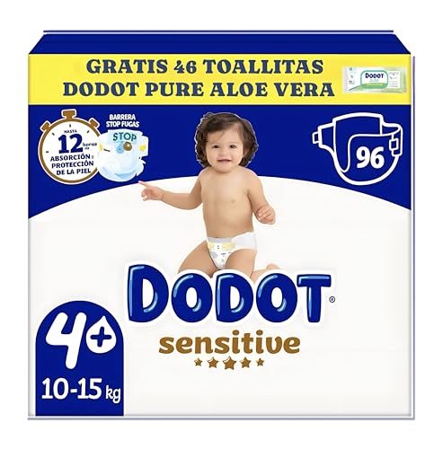 Dodot Sensitive Pañales Talla 4+ Extra Absorción, 10-15 kg, 96 Unidades, Barreras Stop Fugas, 12 Horas de Protección, Materiales Ultra Suaves +regalo 46 toallitas pure aloe vera