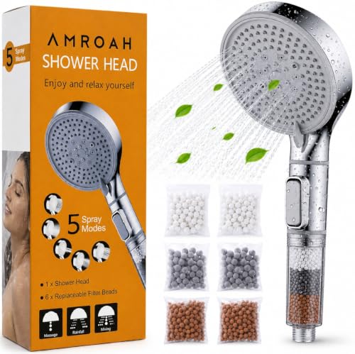 Cabezal de Ducha Manual Filtrado AMROAH, Alta Presión, 1.8 GPM, 5 Modos de Spray, Perlas Minerales Reemplazables, Instalación sin Herramientas, Cromo miniatura 1