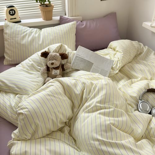 Image of EAVD Retro Striped Duvet Cover Set King Pastel Yellow&Lavender 3-Piece | Premium Washed Microfiber, Aesthetic Stripes Comforter Cover with Zipper Closure, 2 Pillowcases, Vintage Bedding, Corner Ties