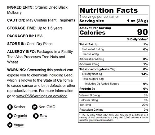 Organic Dried Black Mulberries, 1 Pound - Non-GMO, Raw Fruit, Unsulfured, Unsweetened, Vegan, Mulberry in Bulk. Great for Snacking, Desserts, and Granola. No Sugar Added. Morus nigra