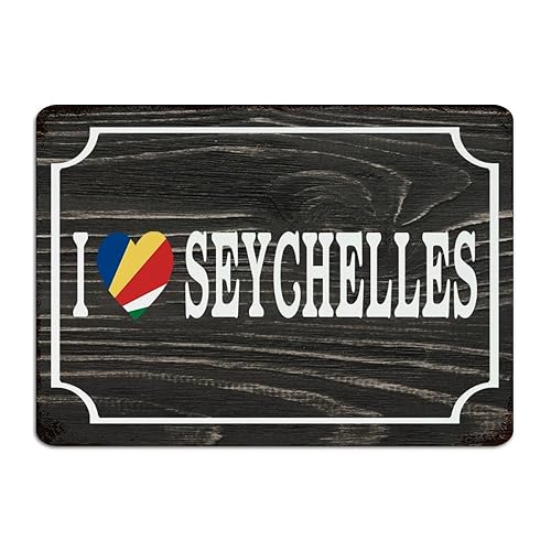 Letrero de metal retro con texto en inglés 'I Love Seychelles', letrero de entrada personalizado en forma de corazón, decoración de pared, letrero de metal de aluminio para tienda, baño, patio, 10 x