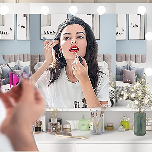 Pakasept Vanity Set With Lights, Makeup Vanity Desk With Tri-Fold Mirror, Dresser Table With 2 Drawer And Storage Cabinet, Cushioned Stool For Women Girls White #TOP5