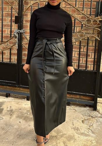 Ptorlio Womens Leather Maxi Skirt High Waisted Y2k Button Down Going Out Teacher Long Pencil Skirts with Slit2