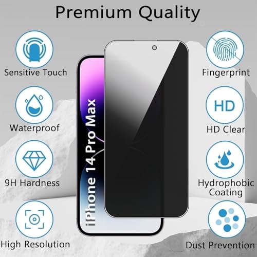 Image of iPhone 14 Pro Max Privacy Screen Protector - Pack of 2, Anti-Spy 9H Tempered Glass, Face ID Compatible, Anti-Fingerprint, Case Friendly, Bubble-Free, 6.7-Inch Display