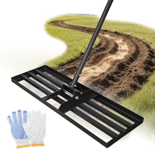 ORIENTOOLS Edelstahl Nivellierrechen 75x25 cm mit 206 cm verstellbarem Stiel zum Planieren von Kies Sand Erde für Garten Hof & Golfplatz.