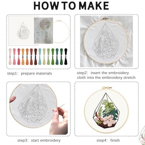 Image of INFUNLY 4pcs Plant Embroidery Starter Kit for Beginners Cactus Cross Stitch Kits for Adults Vase Flower Stamped Stitches Embroidery Sewing Kit with Patterns Instructions for DIY Craft