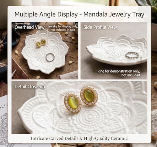 Image of Small White Mandala Trinket Dish Jewellery Dish Tray, Ceramic Decorative Ring Holder Dish, Gifts for Women, Bride Bridesmaid Gifts Birthday Christmas Wedding Valentines' Present