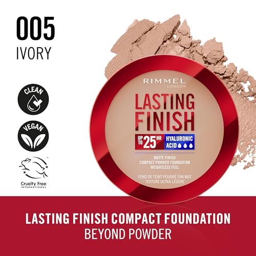 Rimmel Lasting Finish 25HR Compact Foundation 005 Ivory, Matte Buildable Coverage, Powder-to-Cream, Anti-Pollution Shields, SPF 20, Hyaluronic Acid, Waterproof, Hides Imperfections - Image 3