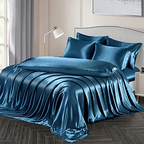 Image of Ersmak 7 Pieces Satin Sheets Set King Size, Luxury Silky Navy Blue Satin Bed Sheets Set with 1 Deep Pocket Fitted Sheet, 1 Soft Flat Sheet, 4 King Pillowcases and 1 Body Pillowcase