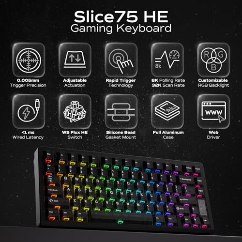 Image of Mechanical Keyboard, Chilkey Slice75 HE Gaming Keyboard Wired, 75% Hall Effect Magnetic Aluminum Keyboard with WS Flux HE Clacky Switch, Rapid Trigger, 8K Polling, Per-Key RGB Custom, PC /Mac Support
