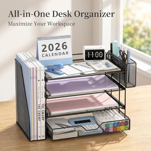 Image of OPNICE Desk Organizers and Accessories, 4-Tier Desktop File Organizer with Drawer and Pen Holders, Office Desk Accessories Workspace Organizers for Office Supplies (Soft Black)