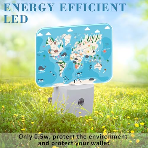 Image of Cute Animal World Map Night Light for Kids Girls Boys, Cartoon World Map LED Night Light Plug into Wall with Dusk to Dawn Sensor for Room, Hallway, Kitchen, Bathroom, Stairs Decor
