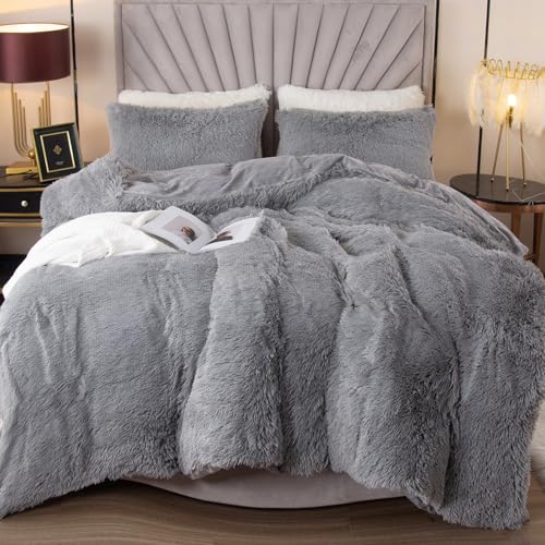 Image of EMME Plush Shaggy Grey Duvet Cover Set Twin Size 2 Pieces Luxury Fuzzy Comforter Cover Set, Soft Faux Fur Fluffy Winter Bedding Set (Grey, Twin)