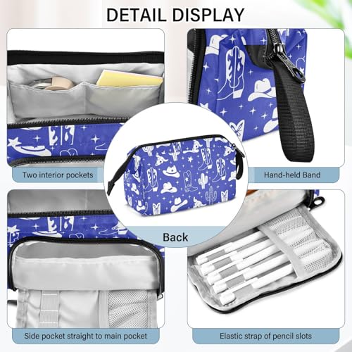 Image of Western Cowboy Blue Pencil Case Pouch Big Capacity Pencil Bag Box Organizer Pen Case with Handle Pencil Cases for Girls Boys Women Kids Adults School
