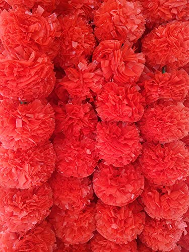 Image of Plastic Marigold Flower Garlands Decorations 5 Feet Long (30 Flowers in Every Garland) Pack of 5 Pcs- (Red)
