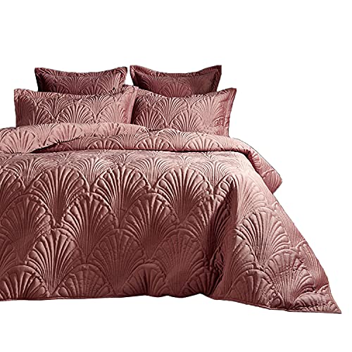 Paoletti Palmeria Quilted Duvet Cover Set – Luxe Embroidered Velvet Bedding (Blush – Double)