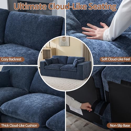 Image of 83''Cloud Boneless Sectional Couch, Modular Sectional Sofa Deep Seat, Upholstered Convertible Comfy Loveseat Chenille Memory Foam Sofa Couches for Living Room, Navy