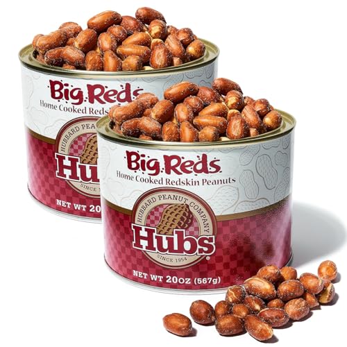 Hubs Peanuts Freshly Home Cooked Big Reds - Premium Virginia Nuts with Red Skins - Healthy Snacks Salted Peanuts - Reusable Vacuum-Sealed Tin, 2 Packs of 20 oz Cans