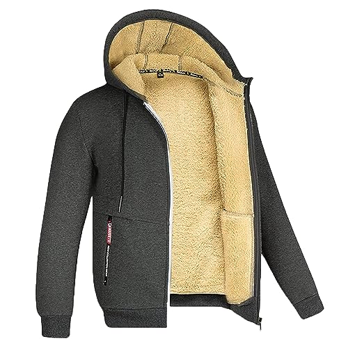 Fleecejacke Herren Winter Full Zip Sherpa Gefüttert Kapuzenjacke Casual Solid Langarm Jacke Warm Verdickte Hooded Sweatshirt mit Tasche und Kordelzug