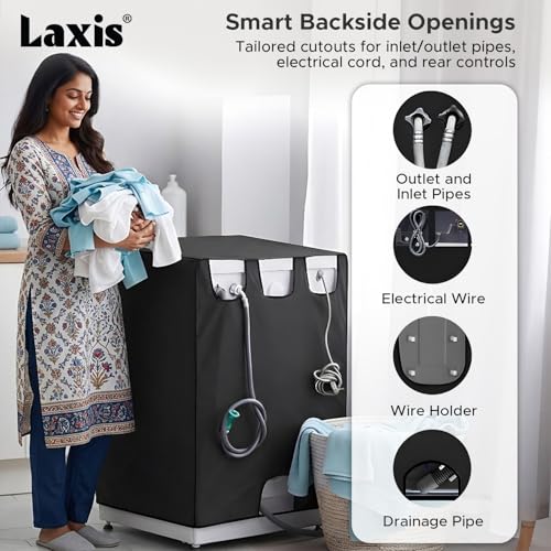 Image of LAXIS Front Load Washing Machine Cover Front Load for 8 Kg, 8.5 Kg, 9 Kg, 9.5 Kg, 10 Kg | Waterproof & Dustproof Polyester Fabric Cover with Zipper (63X63X93 cm- Black)