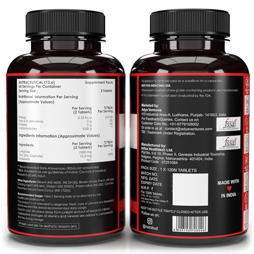 Image of Nutrabud L-Arginine 1000 mg - 120 Tablets - Fuels Muscle Growth, Boosts Nitric Oxide Production (120 Count (Pack of 1), Unflavoured)