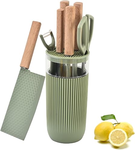 Juego de cuchillos de cocina verdes de 7 piezas con bloque universal de cuchillos, juego de cuchillos de chef súper afilados de acero inoxidable