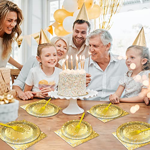 Image of 96 PCS Golden Birthday Party Decorations Tableware Set for Golden Themed Happy Birthday Supplies Diamond Gold Plates Napkins Forks for 24 Guests Men Women Anniversary Engagement Wedding Party Favors