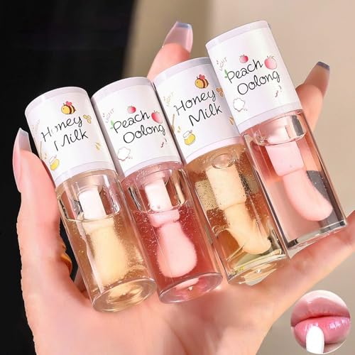 4PCS Tinted Hydrating Lip Oil Set,Clear Lip Gloss,Honey Lip Oil,L...