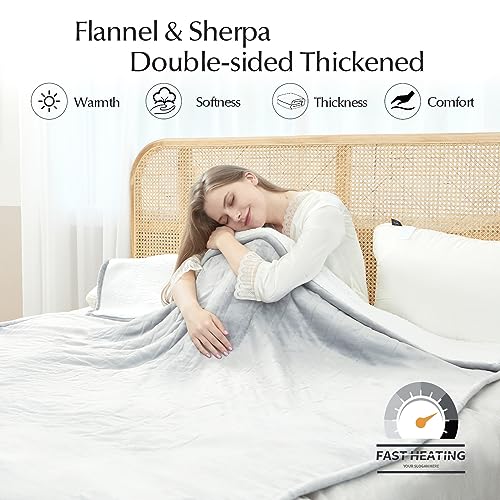 Electric Heated Blanket Twin Size, Soft and Cozy Thickened Flannel and Sherpa Electric Blanket for Bed, Automatic Safety System 6 Heating Levels & 10 Hours Auto-Off, 62"x84" Violet Grey
