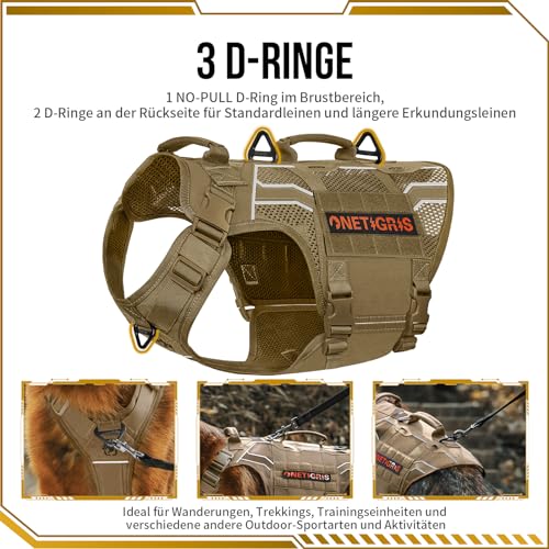 OneTigris Hundegeschirr, AIRE Armor Mesh Einstellbar Sicherheitsgeschirr mit 2 Griffe und 3 D-Ringen No-Pull Brustgeschirr Reflektierend Atmungsaktiv für Große/Mittlere Hunde - Braun XL